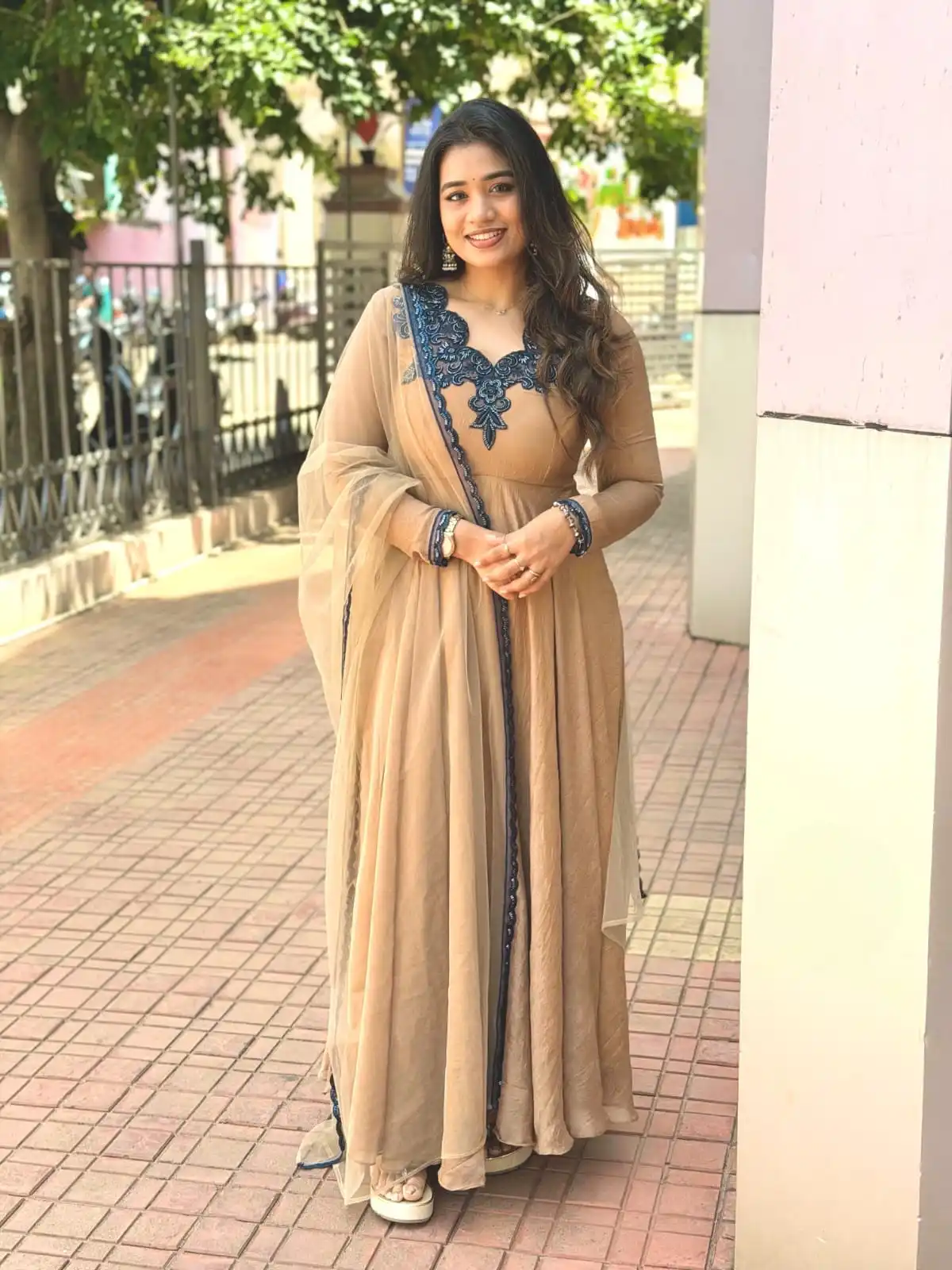 Beige Anarkali Salwar set with Navy Blue Embroidered Lace Detailing